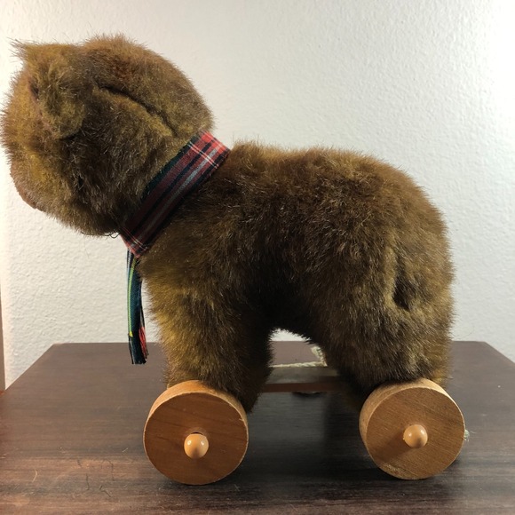 Vtg 1986 Applause Bear Pull Toy Plush 7"Brown Wood Wheels Original PullRope Read - Picture 4 of 15